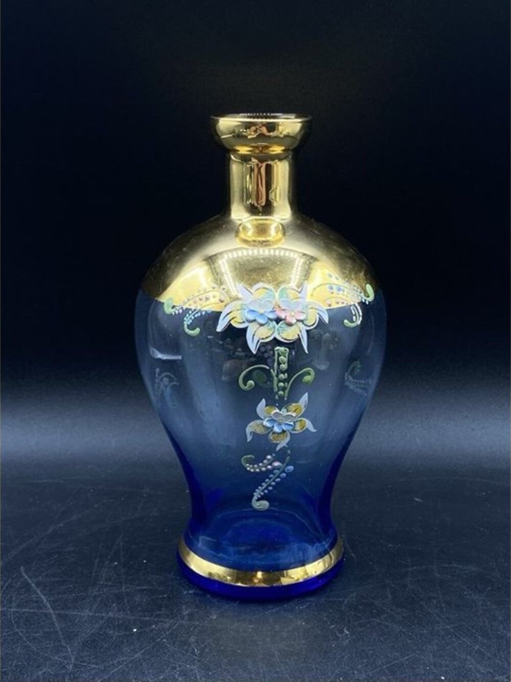 Bohemian Blue Glass Gold Gilding Hand Painted Raised Floral Vase Czechoslovakia